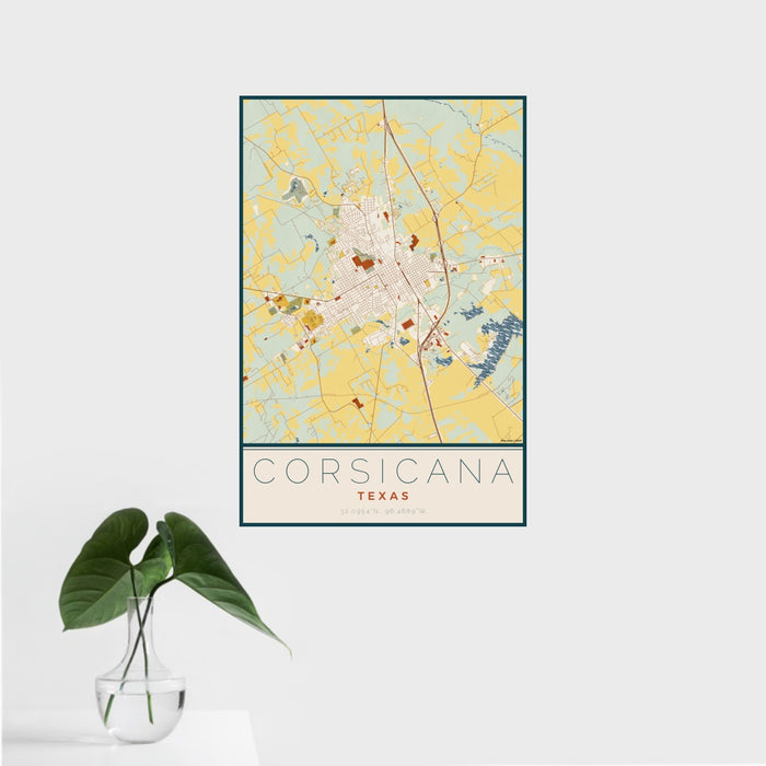 16x24 Corsicana Texas Map Print Portrait Orientation in Woodblock Style With Tropical Plant Leaves in Water