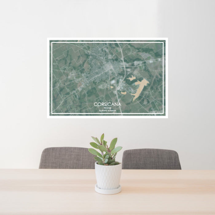 24x36 Corsicana Texas Map Print Lanscape Orientation in Afternoon Style Behind 2 Chairs Table and Potted Plant