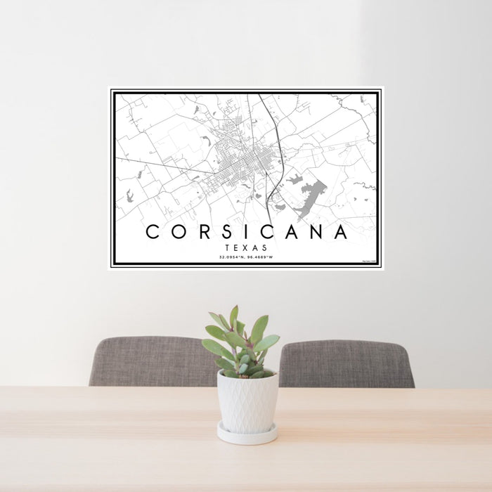 24x36 Corsicana Texas Map Print Lanscape Orientation in Classic Style Behind 2 Chairs Table and Potted Plant