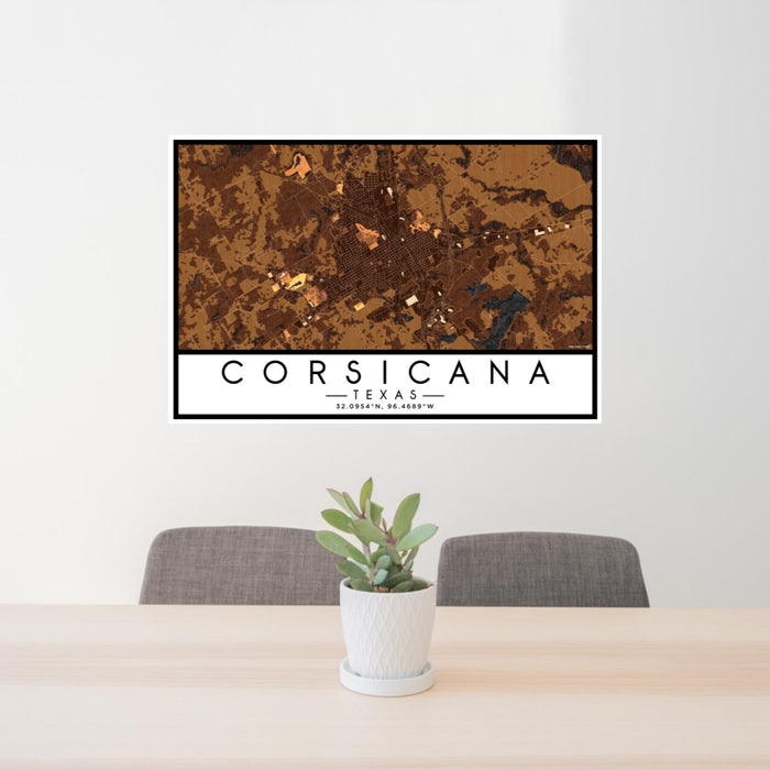 24x36 Corsicana Texas Map Print Lanscape Orientation in Ember Style Behind 2 Chairs Table and Potted Plant