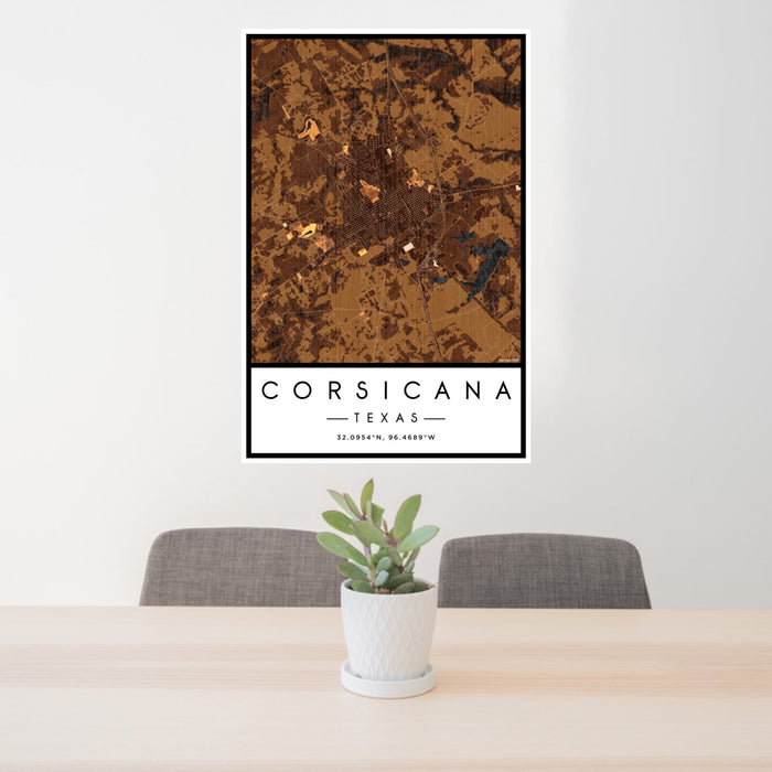 24x36 Corsicana Texas Map Print Portrait Orientation in Ember Style Behind 2 Chairs Table and Potted Plant