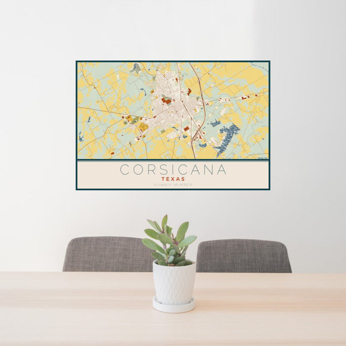 24x36 Corsicana Texas Map Print Lanscape Orientation in Woodblock Style Behind 2 Chairs Table and Potted Plant