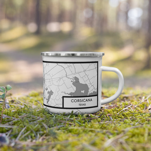 Right View Custom Corsicana Texas Map Enamel Mug in Classic on Grass With Trees in Background