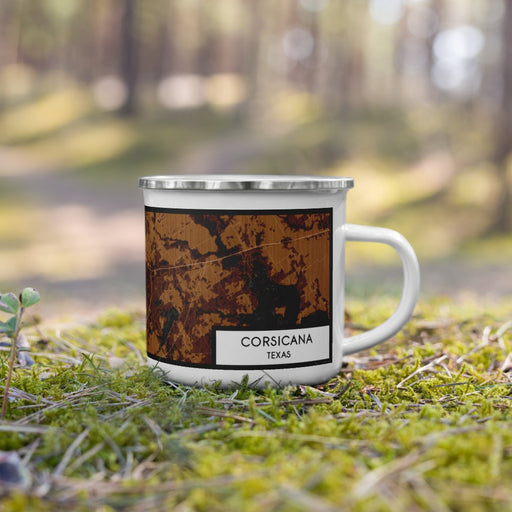 Right View Custom Corsicana Texas Map Enamel Mug in Ember on Grass With Trees in Background