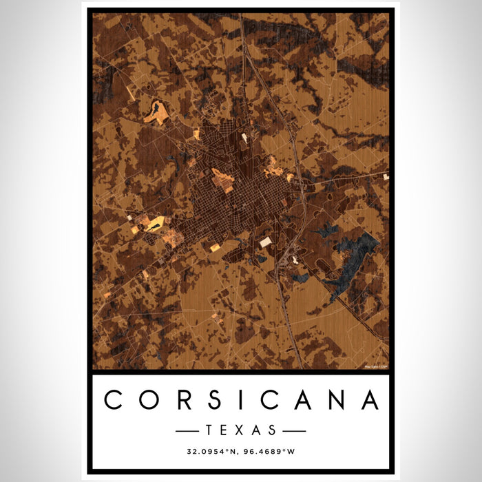 Corsicana Texas Map Print Portrait Orientation in Ember Style With Shaded Background
