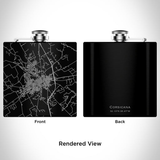 Rendered View of Corsicana Texas Map Engraving on 6oz Stainless Steel Flask in Black