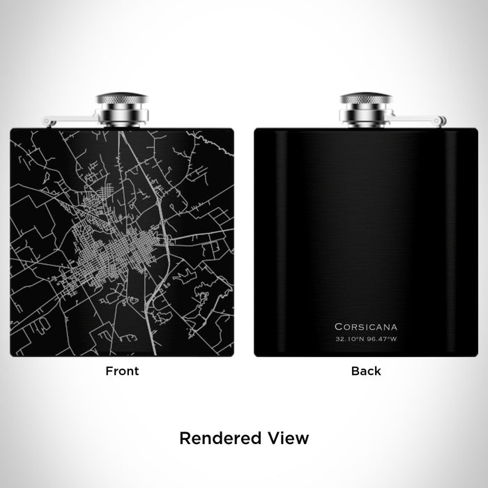 Rendered View of Corsicana Texas Map Engraving on 6oz Stainless Steel Flask in Black