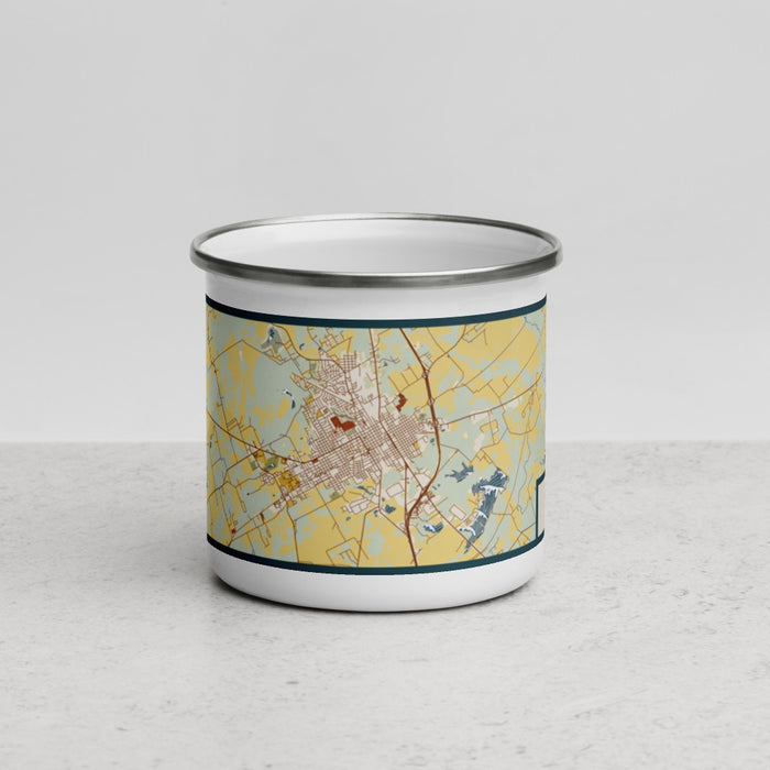 Front View Custom Corsicana Texas Map Enamel Mug in Woodblock