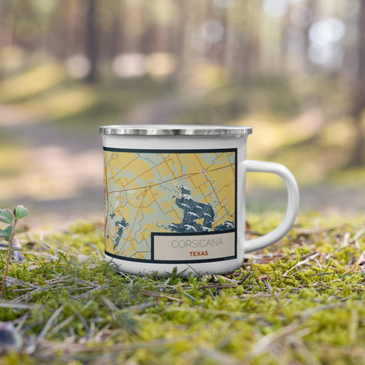 Right View Custom Corsicana Texas Map Enamel Mug in Woodblock on Grass With Trees in Background