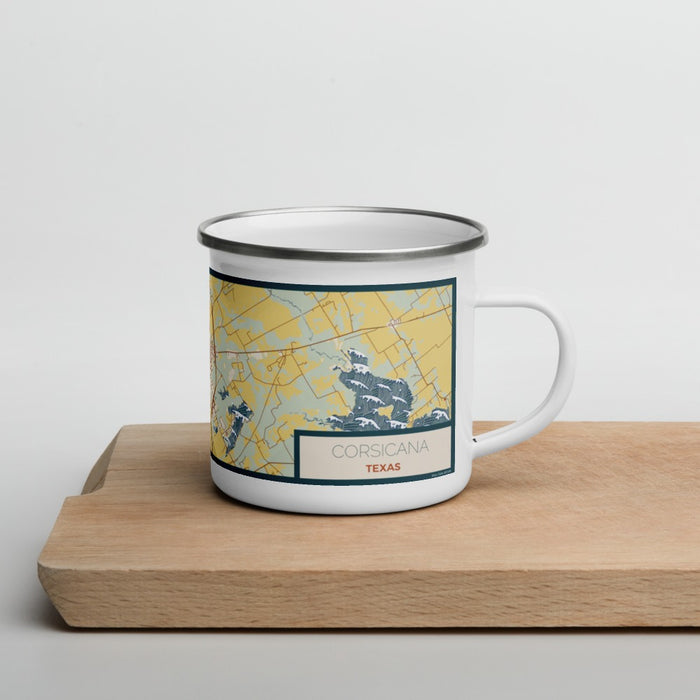 Right View Custom Corsicana Texas Map Enamel Mug in Woodblock
