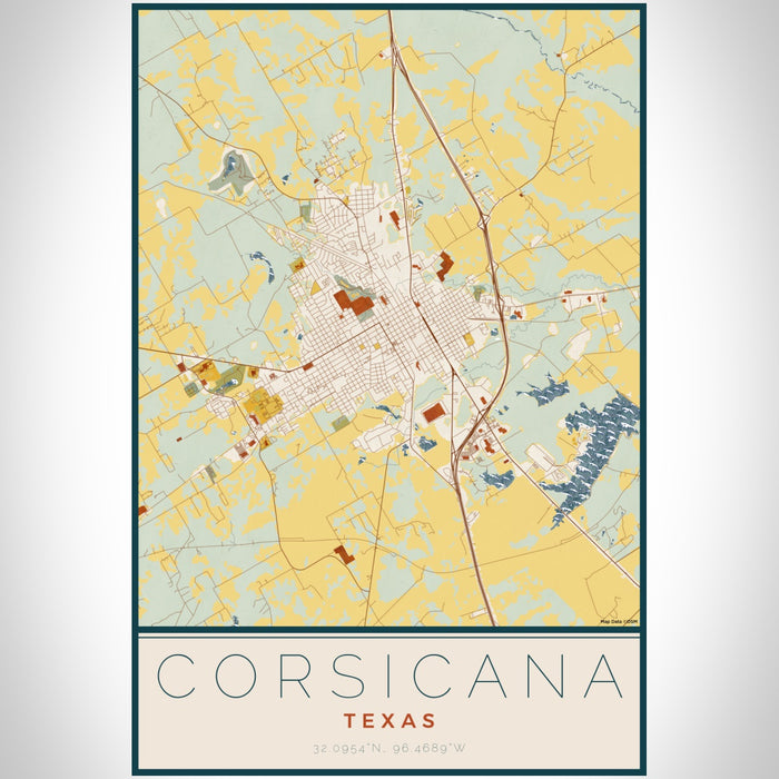 Corsicana Texas Map Print Portrait Orientation in Woodblock Style With Shaded Background