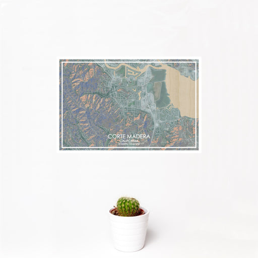 12x18 Corte Madera California Map Print Landscape Orientation in Afternoon Style With Small Cactus Plant in White Planter
