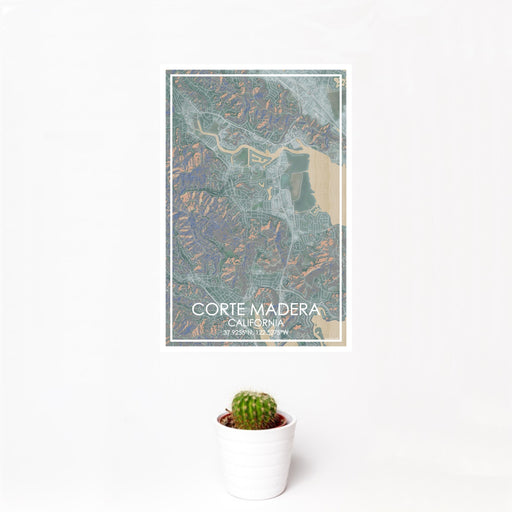 12x18 Corte Madera California Map Print Portrait Orientation in Afternoon Style With Small Cactus Plant in White Planter