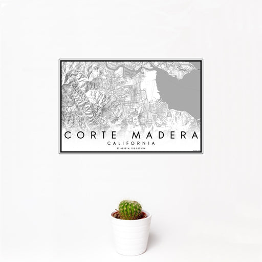 12x18 Corte Madera California Map Print Landscape Orientation in Classic Style With Small Cactus Plant in White Planter