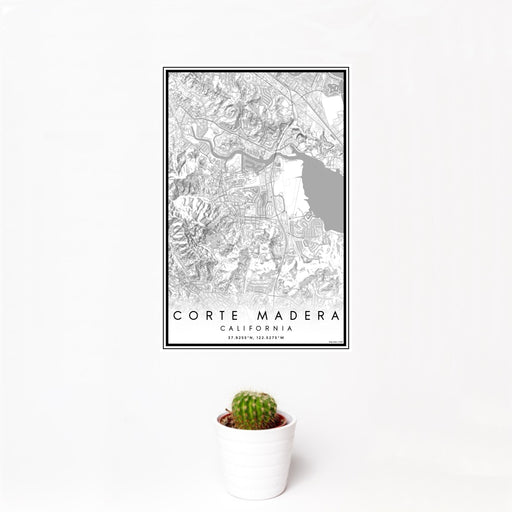 12x18 Corte Madera California Map Print Portrait Orientation in Classic Style With Small Cactus Plant in White Planter