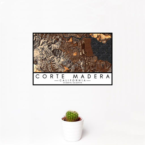 12x18 Corte Madera California Map Print Landscape Orientation in Ember Style With Small Cactus Plant in White Planter