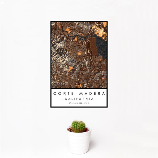 12x18 Corte Madera California Map Print Portrait Orientation in Ember Style With Small Cactus Plant in White Planter