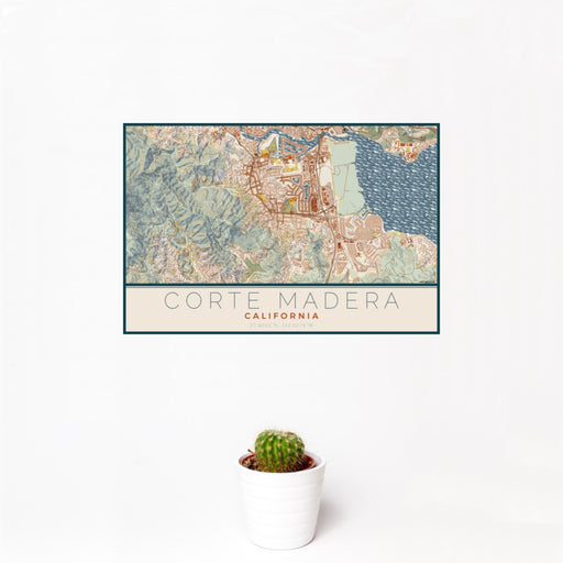 12x18 Corte Madera California Map Print Landscape Orientation in Woodblock Style With Small Cactus Plant in White Planter