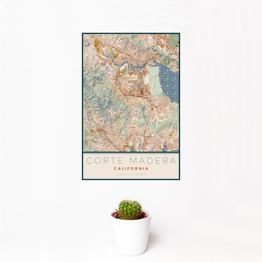 12x18 Corte Madera California Map Print Portrait Orientation in Woodblock Style With Small Cactus Plant in White Planter