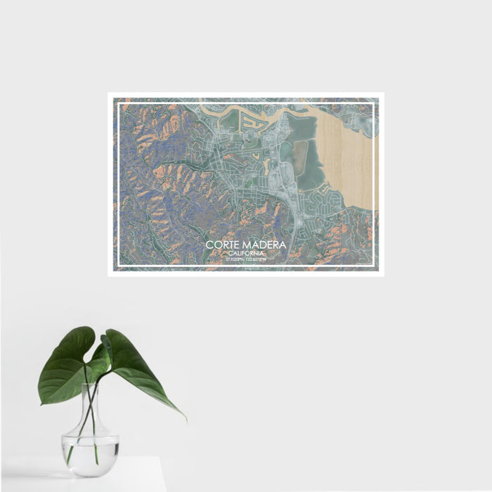 16x24 Corte Madera California Map Print Landscape Orientation in Afternoon Style With Tropical Plant Leaves in Water