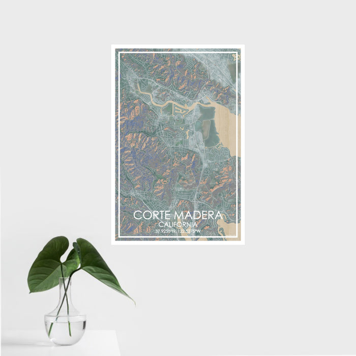 16x24 Corte Madera California Map Print Portrait Orientation in Afternoon Style With Tropical Plant Leaves in Water