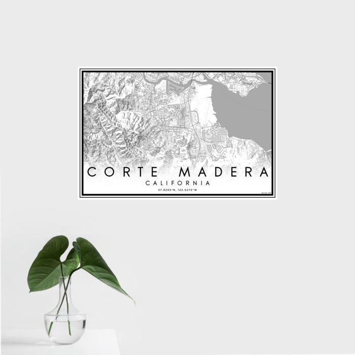 16x24 Corte Madera California Map Print Landscape Orientation in Classic Style With Tropical Plant Leaves in Water