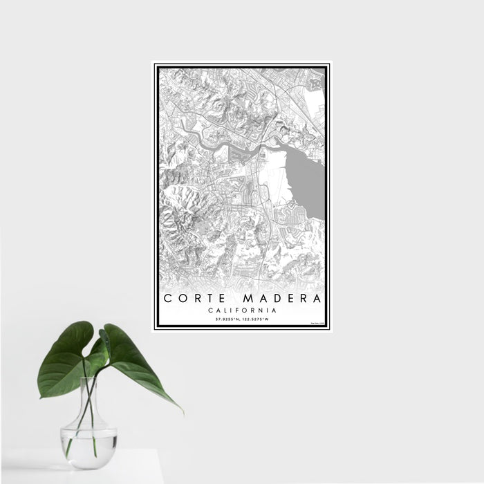 16x24 Corte Madera California Map Print Portrait Orientation in Classic Style With Tropical Plant Leaves in Water