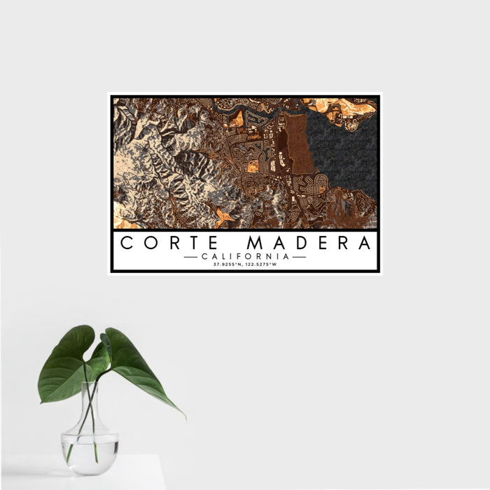16x24 Corte Madera California Map Print Landscape Orientation in Ember Style With Tropical Plant Leaves in Water