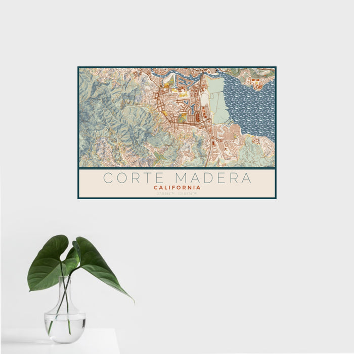 16x24 Corte Madera California Map Print Landscape Orientation in Woodblock Style With Tropical Plant Leaves in Water