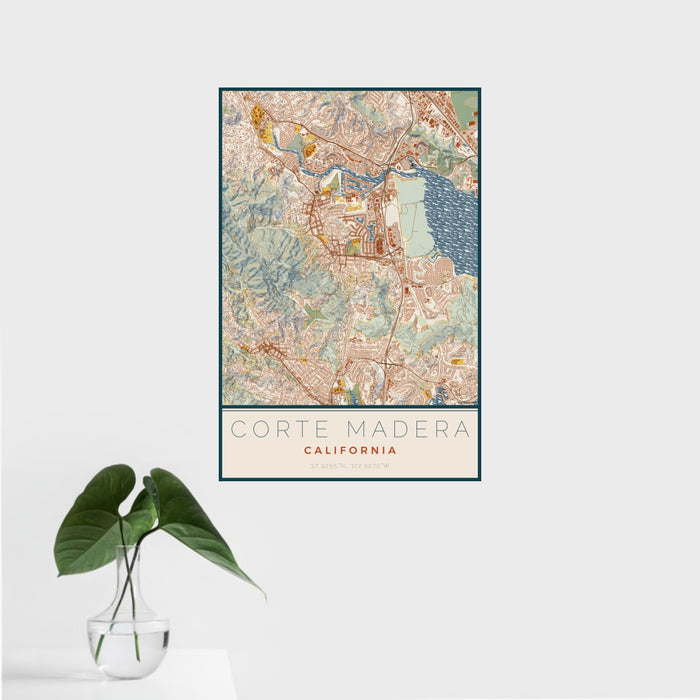 16x24 Corte Madera California Map Print Portrait Orientation in Woodblock Style With Tropical Plant Leaves in Water