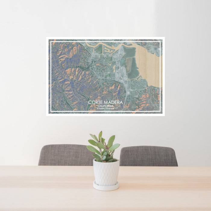 24x36 Corte Madera California Map Print Lanscape Orientation in Afternoon Style Behind 2 Chairs Table and Potted Plant