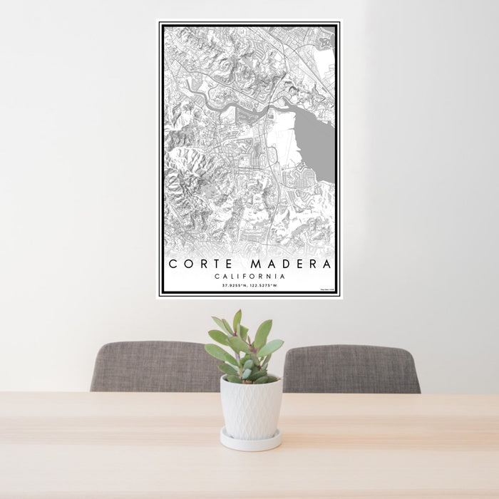 24x36 Corte Madera California Map Print Portrait Orientation in Classic Style Behind 2 Chairs Table and Potted Plant