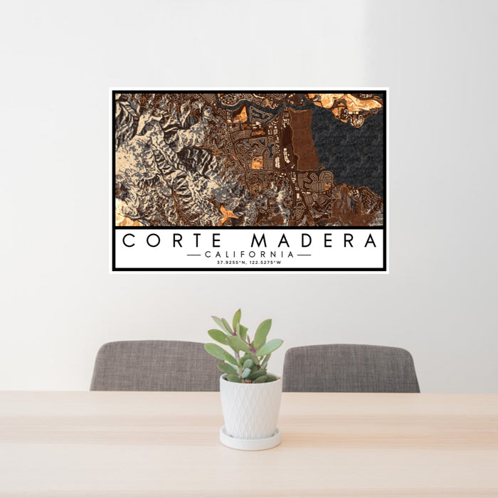 24x36 Corte Madera California Map Print Lanscape Orientation in Ember Style Behind 2 Chairs Table and Potted Plant