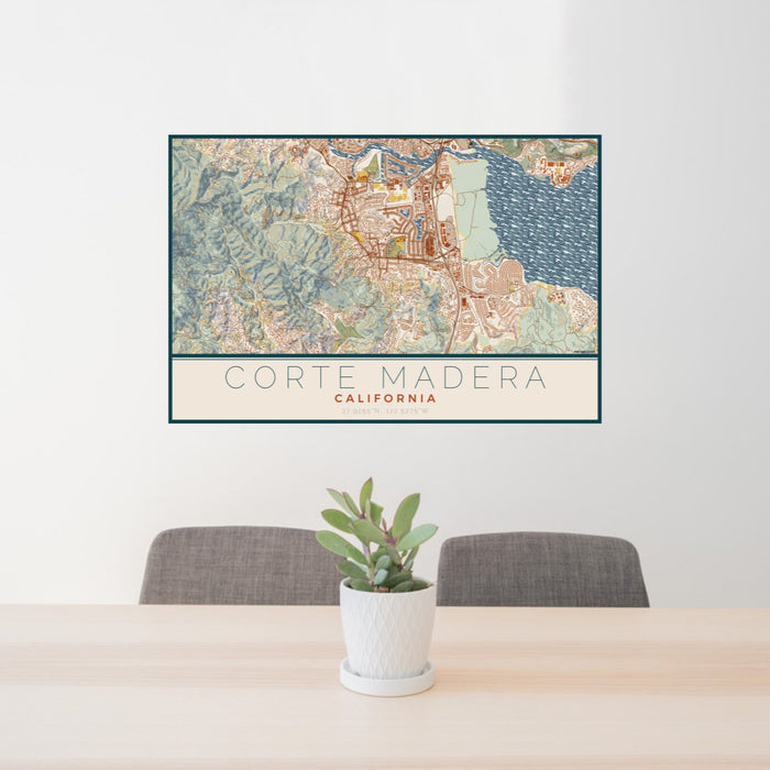 24x36 Corte Madera California Map Print Lanscape Orientation in Woodblock Style Behind 2 Chairs Table and Potted Plant