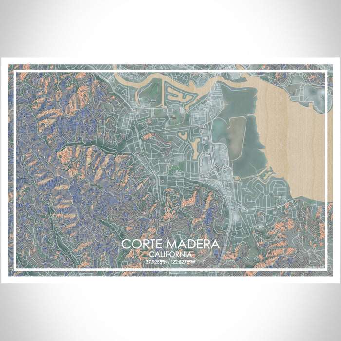Corte Madera California Map Print Landscape Orientation in Afternoon Style With Shaded Background
