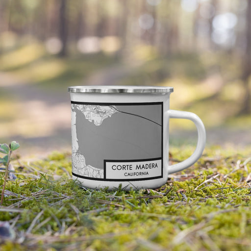 Right View Custom Corte Madera California Map Enamel Mug in Classic on Grass With Trees in Background