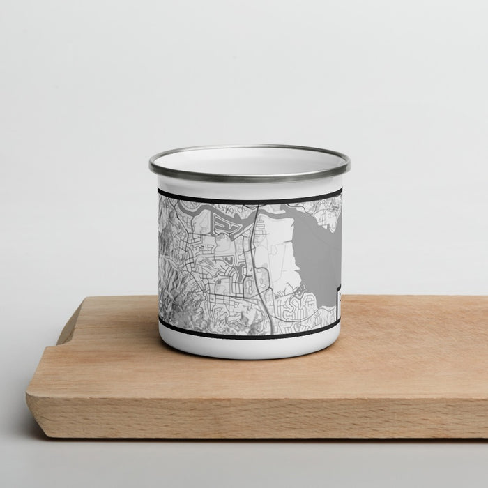 Front View Custom Corte Madera California Map Enamel Mug in Classic on Cutting Board