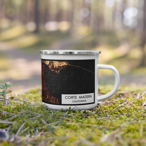 Right View Custom Corte Madera California Map Enamel Mug in Ember on Grass With Trees in Background