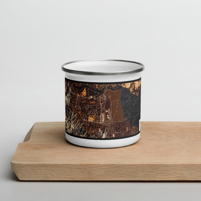 Front View Custom Corte Madera California Map Enamel Mug in Ember on Cutting Board