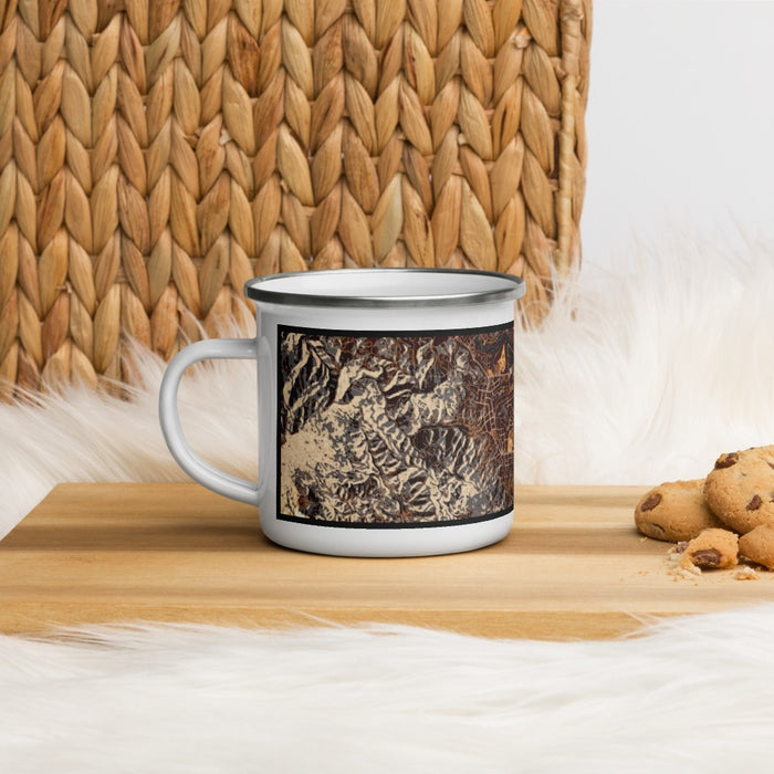 Left View Custom Corte Madera California Map Enamel Mug in Ember on Table Top