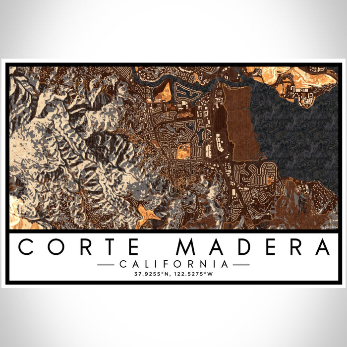 Corte Madera California Map Print Landscape Orientation in Ember Style With Shaded Background