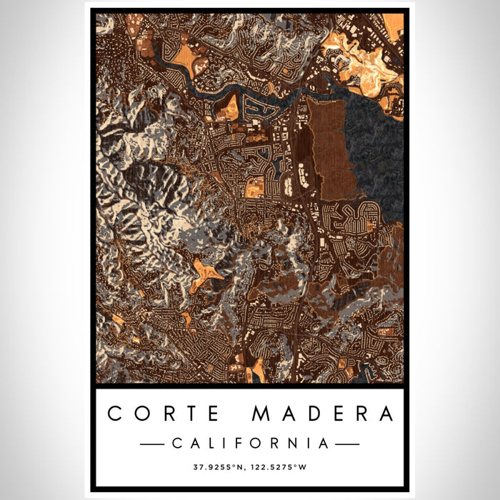 Corte Madera California Map Print Portrait Orientation in Ember Style With Shaded Background