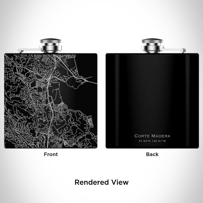 Rendered View of Corte Madera California Map Engraving on 6oz Stainless Steel Flask in Black