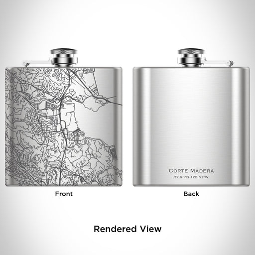 Rendered View of Corte Madera California Map Engraving on 6oz Stainless Steel Flask