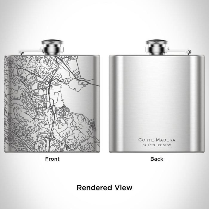 Rendered View of Corte Madera California Map Engraving on 6oz Stainless Steel Flask
