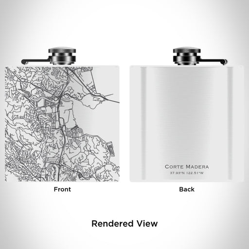 Rendered View of Corte Madera California Map Engraving on 6oz Stainless Steel Flask in White