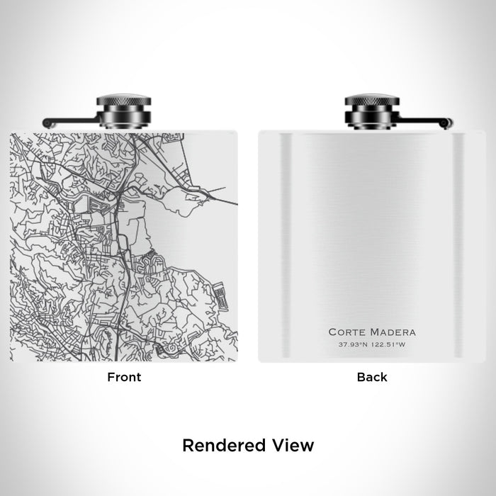 Rendered View of Corte Madera California Map Engraving on 6oz Stainless Steel Flask in White