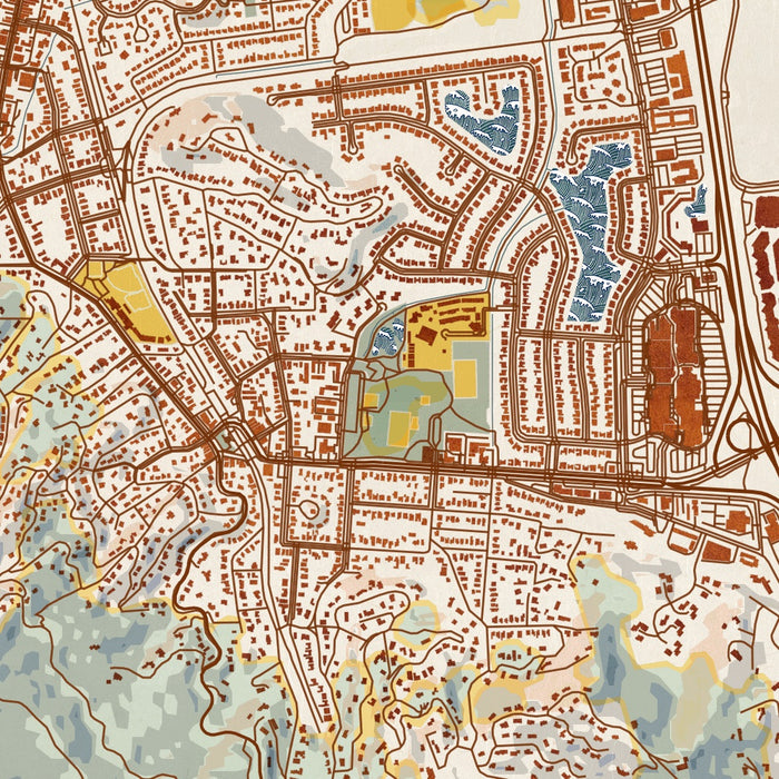 Corte Madera California Map Print in Woodblock Style Zoomed In Close Up Showing Details