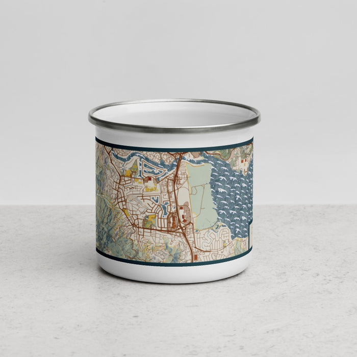 Front View Custom Corte Madera California Map Enamel Mug in Woodblock