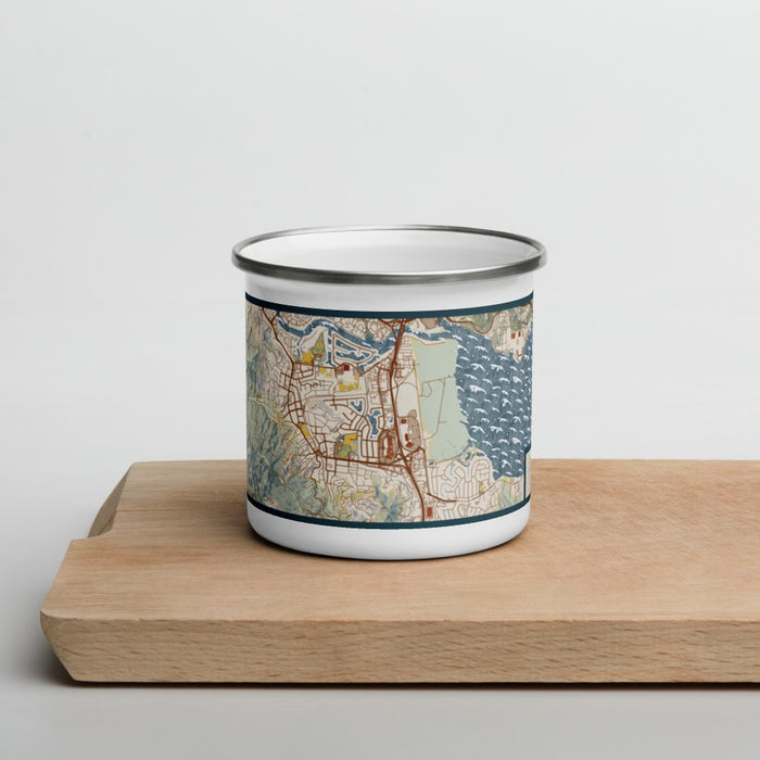 Front View Custom Corte Madera California Map Enamel Mug in Woodblock on Cutting Board